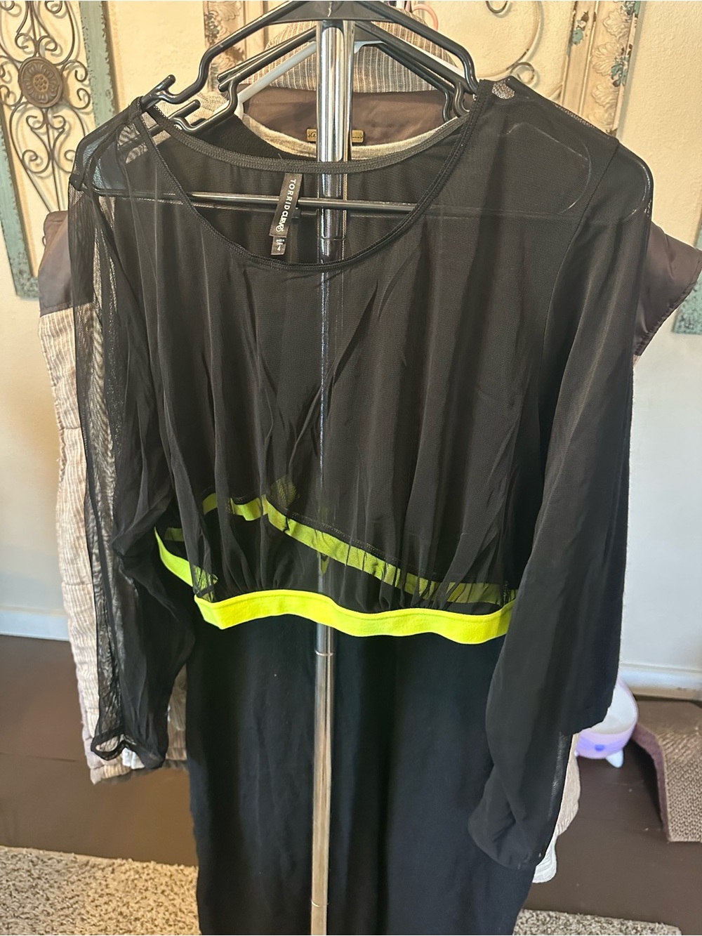 Torrid Curve Black Sheer Crop Top with Neon Yellow Trim